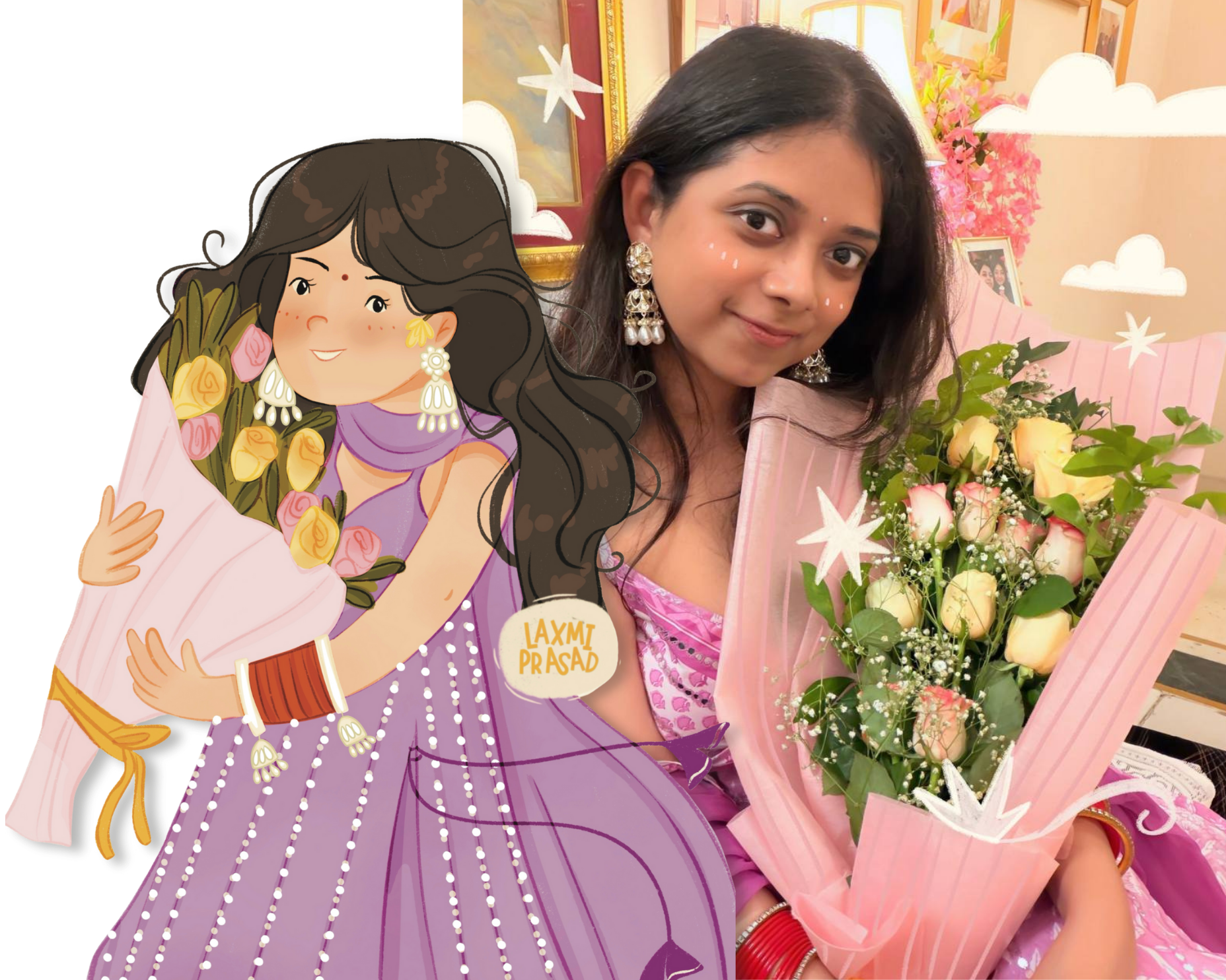 A woman with dark hair, earrings, and pink and purple traditional attire is holding a bouquet of white roses wrapped in pink paper. There are decorative white clouds and stars in the background, and a cartoon illustration of a girl in a purple dress is superimposed on the image, also holding a bouquet of roses.