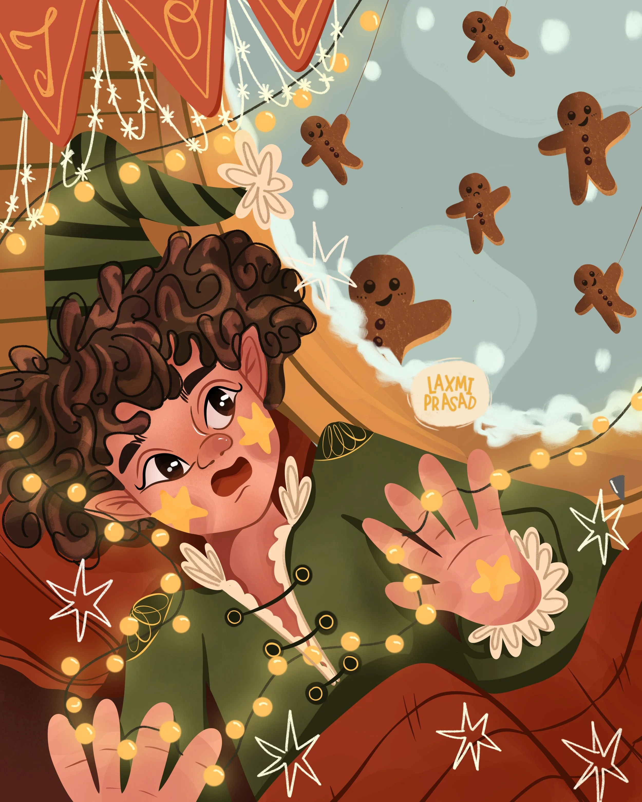 Christmas, Elf, Cookies, Ginger, Lights, Snow, Sleeping, Scared, Illustration