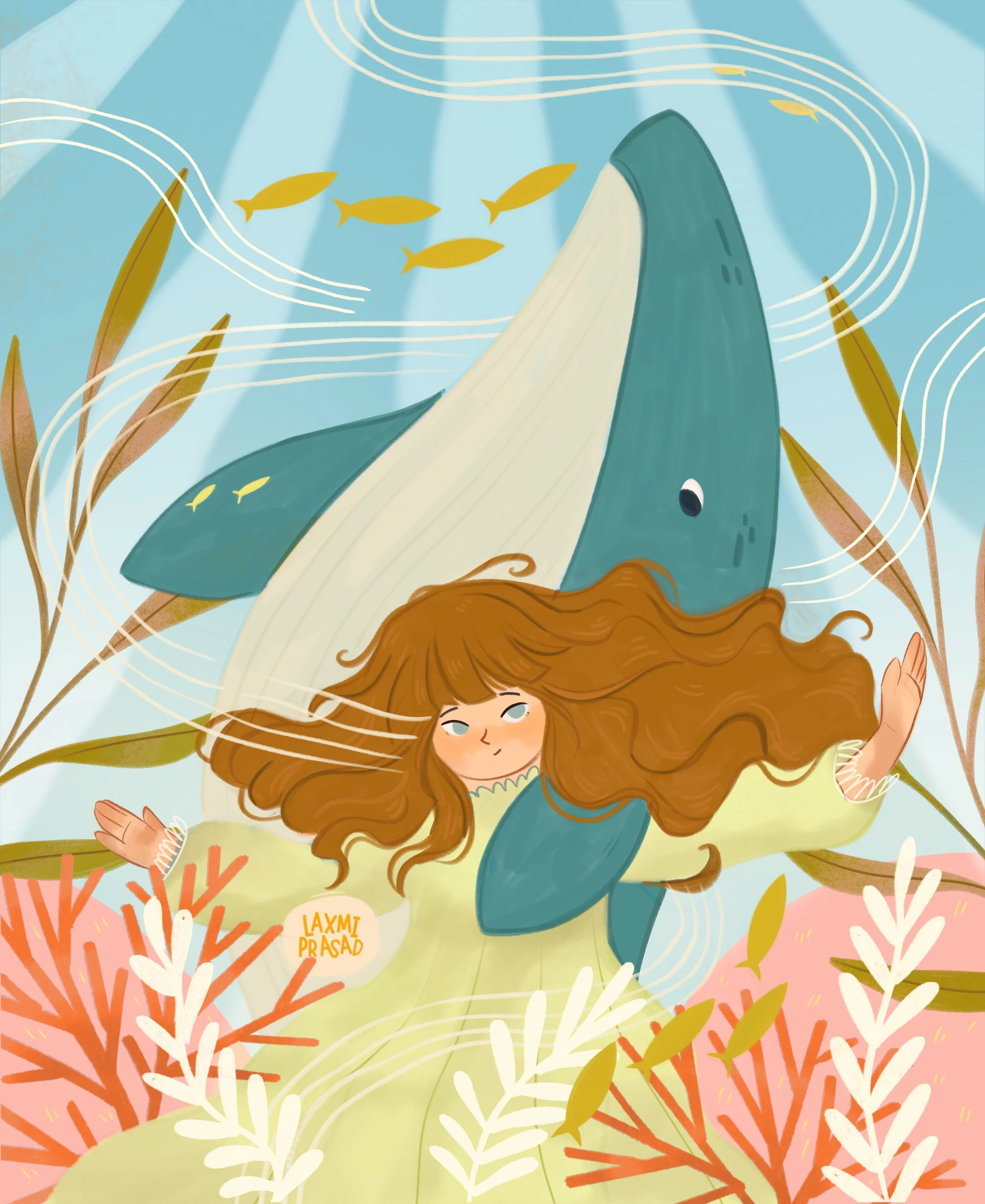 Whale, Ocean, Girl, Coral, Reef