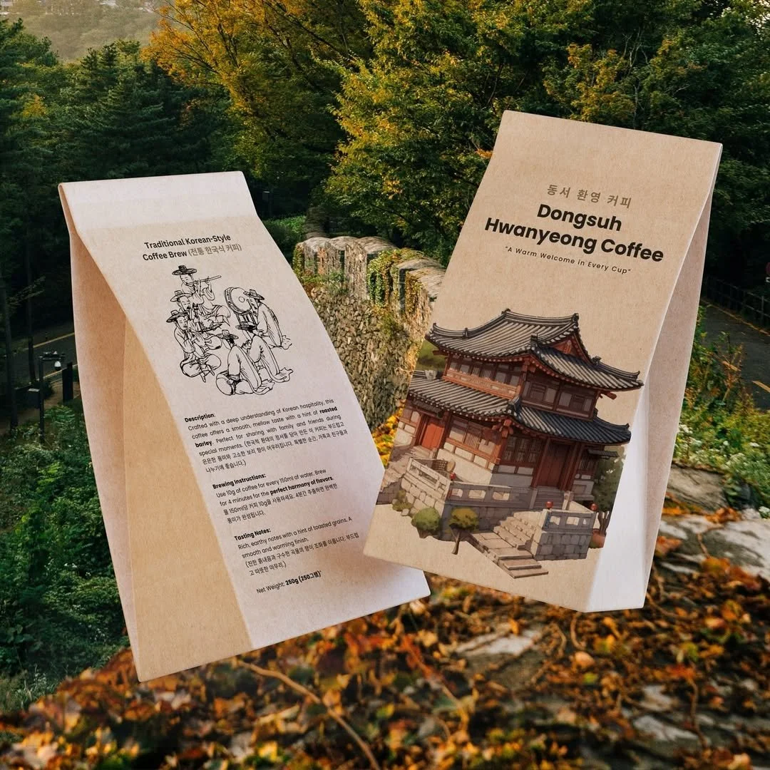 Two brochures are floating in the air against a background of green trees and autumn leaves. The left brochure features a black-and-white illustration of people making traditional Korean coffee with descriptions and instructions in English and Korean. The right brochure has the title 'Dongsuh Hwanyeoong Coffee' with an image of a traditional Korean building.
