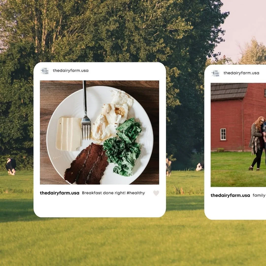 A social media post showing a breakfast plate with mashed potatoes, sliced cheese, kale, and a slice of meatloaf on a wooden table