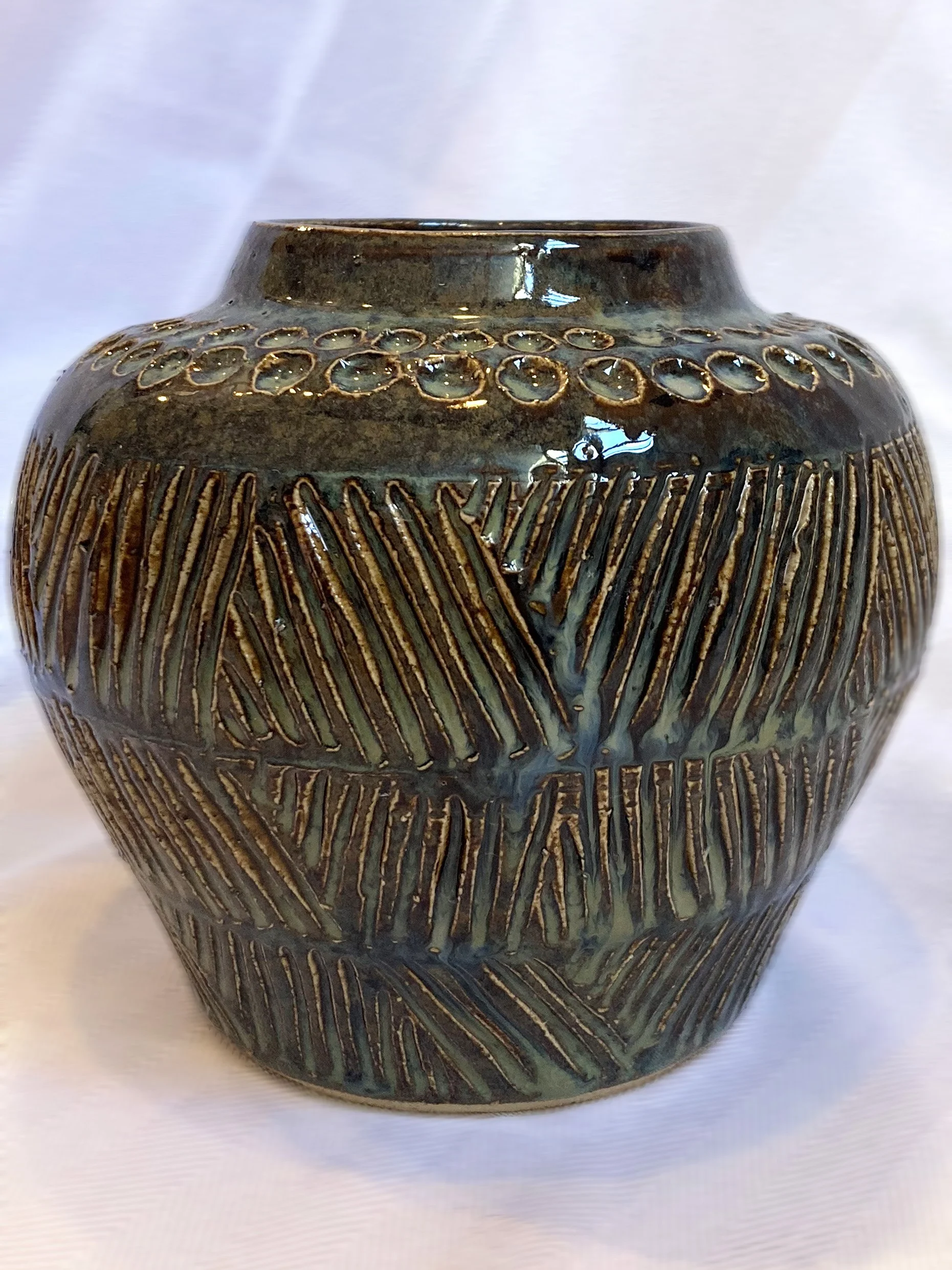 $55 Blue Vase (Hand-glazed stoneware): 5 × 5 × 5 in (2.75 in opening)