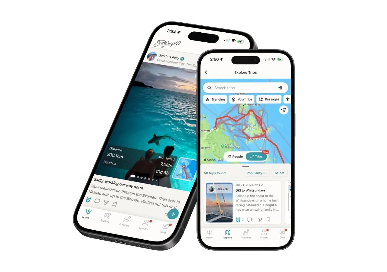 Two smartphones displaying a travel app, one showing a profile with a dolphin in the water, the other showing a map with boat trips around an island.