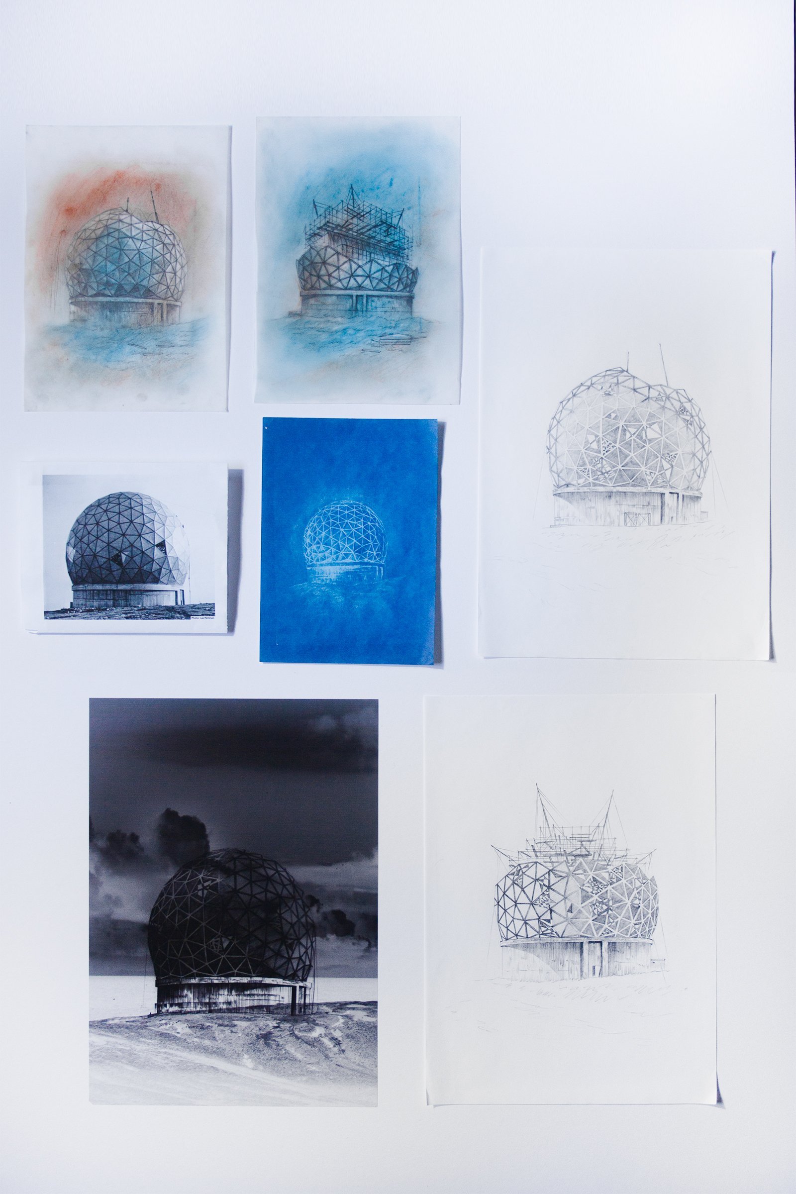 Radome ideas, 2015 – 2021, drawings, cyanotype, digital print on acetate. 