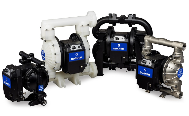 Various Quantm industrial pumps in black and white featuring blue branding labels.