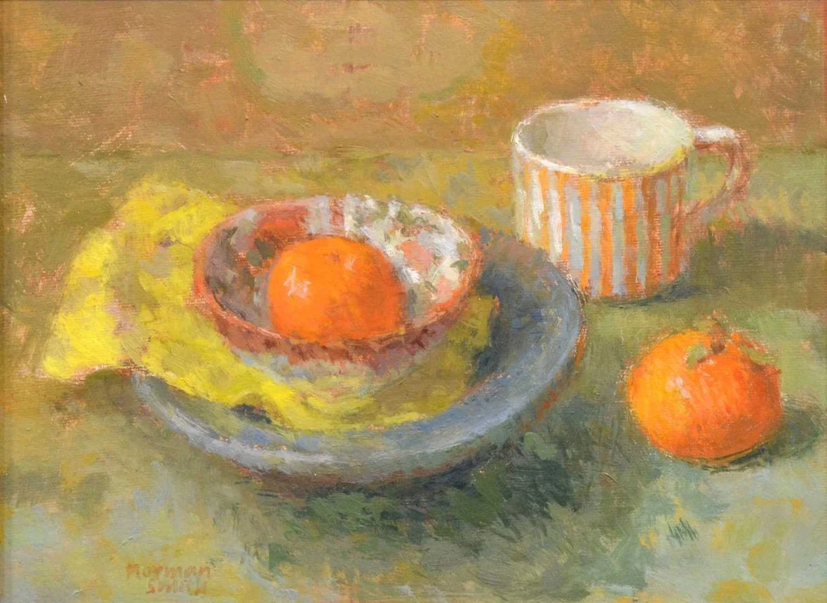 still life, oranges & striped mug | NORMAN SMITH (NEAC)