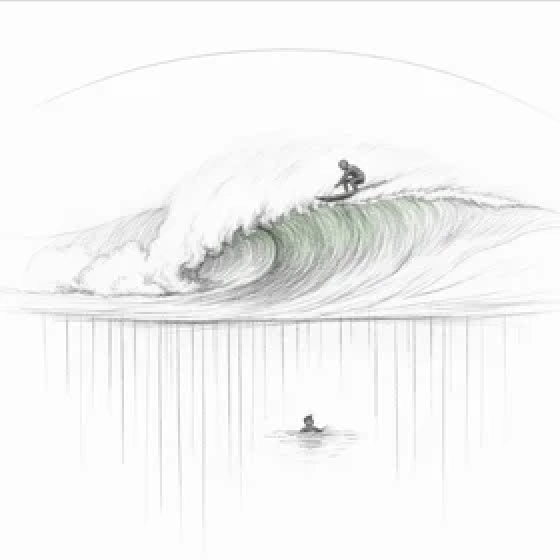 Surfer riding a large wave with a swimmer treading water below.