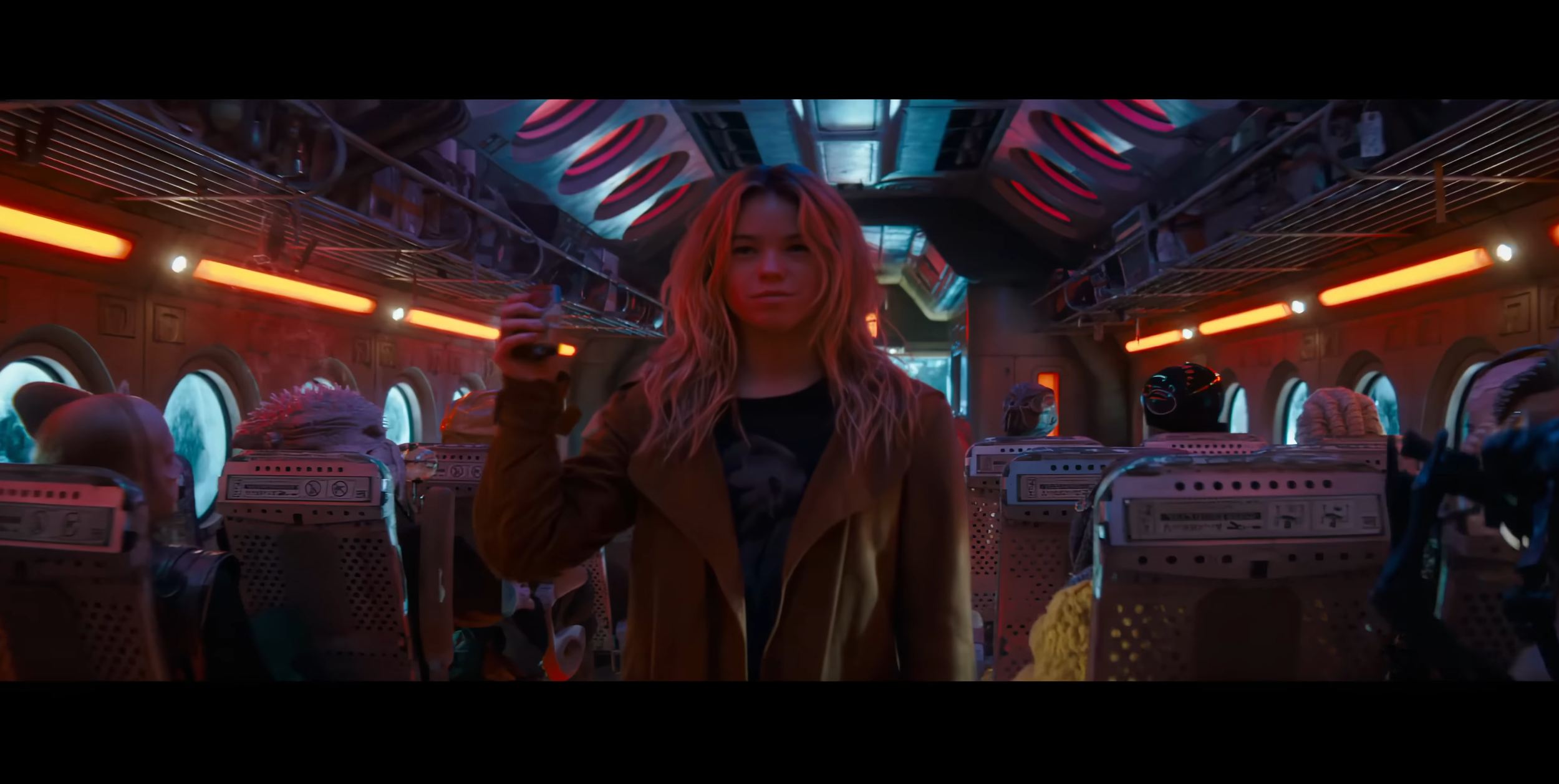 Supergirl engages in battle on the Wormhole Xpress. Trailer still.