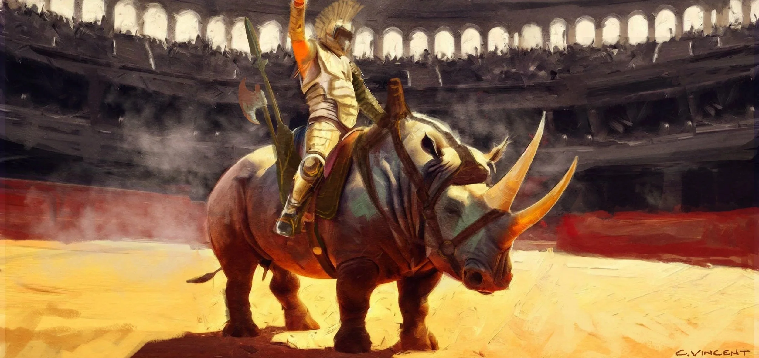 Two ancient Roman gladiator ships clash in a battle, with soldiers on board, amid a larger amphitheater filled with spectators.
