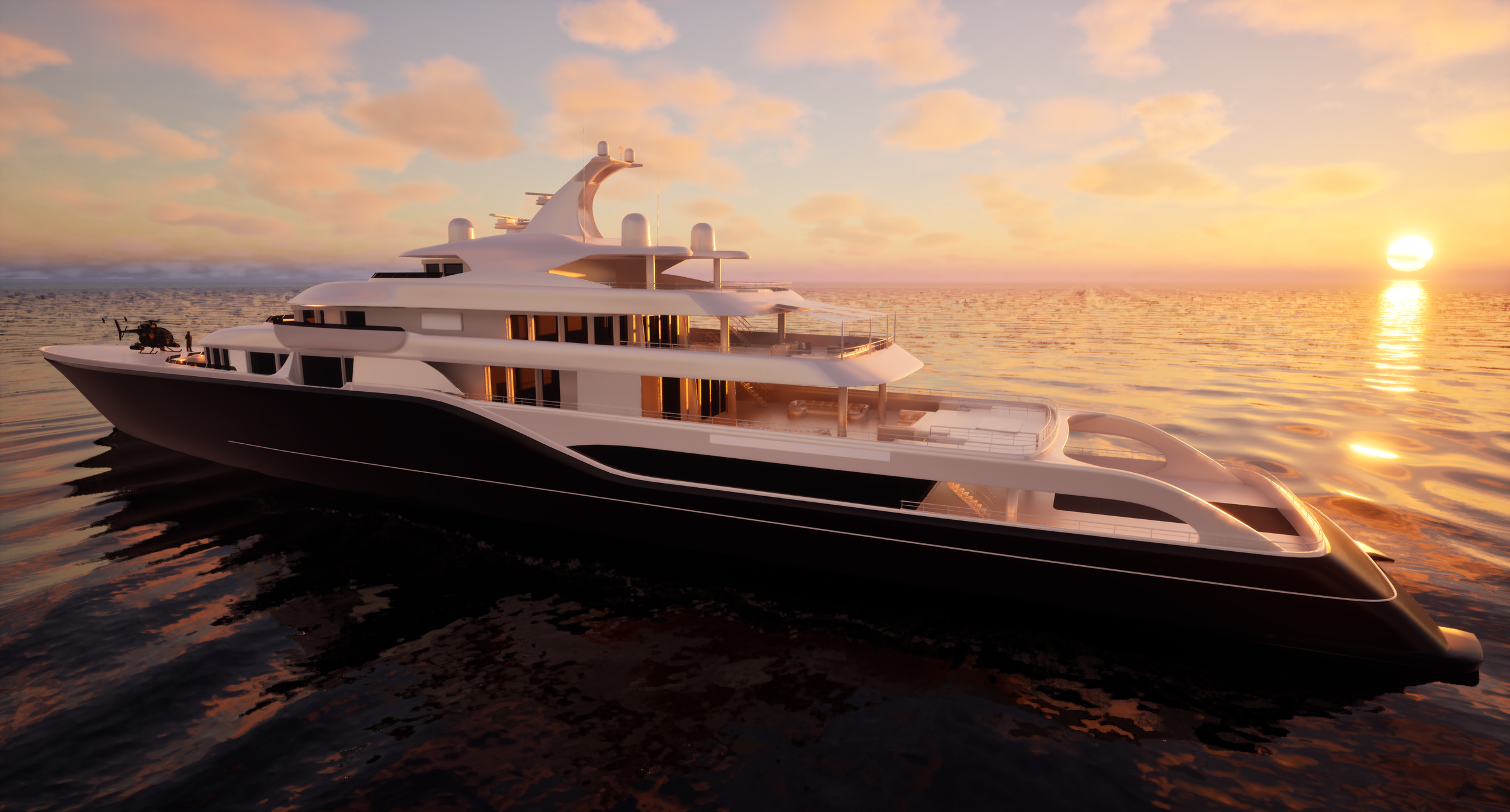 A luxury Superyacht floats with a sinister military presence aboard infront of a beautiful sunset