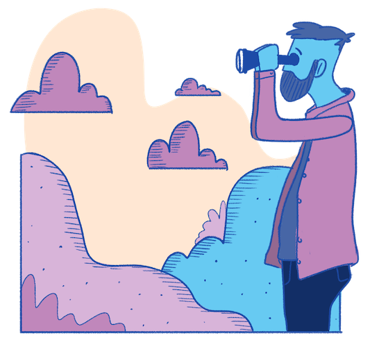 A man with a beard and glasses using a camera to take a photo of a scenic mountain landscape with clouds.