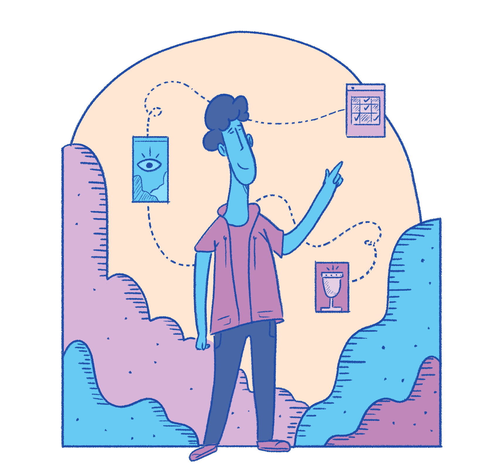 A cartoon illustration of a person with short wavy hair, wearing a short-sleeved shirt and pants, standing inside a giant open book with a cozy armchair and small framed pictures of an eye and a glass of wine around them. The person is pointing at a calendar.