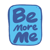 Blue logo with the words "Be more Me" in stylized font