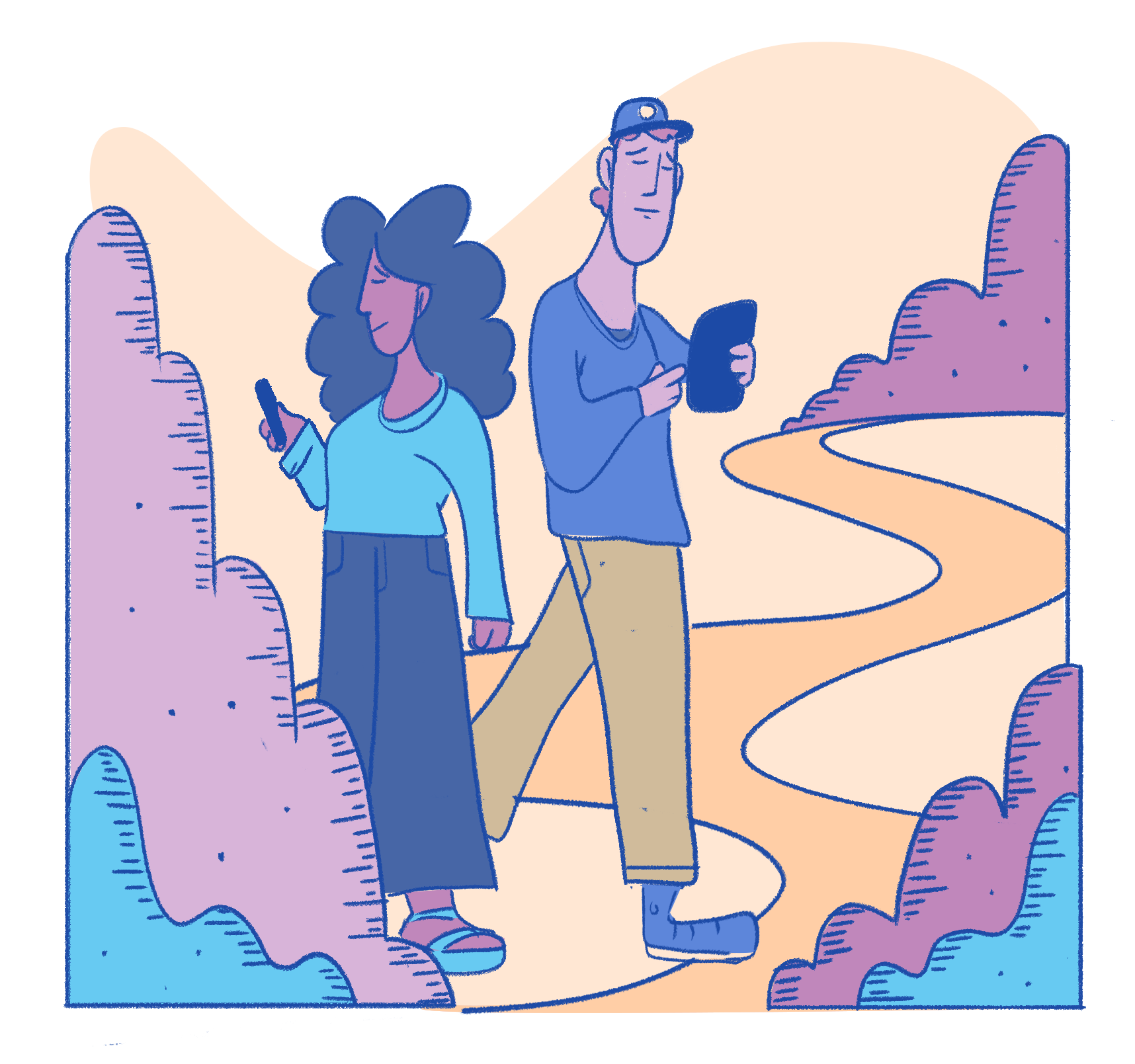 Illustration of a man and woman standing outdoors with a winding path, shrubs, and hills in the background. They are both looking at their phones.
