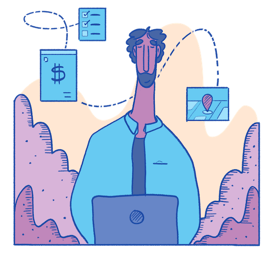An illustrated man working on a laptop with various business icons around him, including a dollar bill, a checklist, and a map marker, in a creative and colorful style.