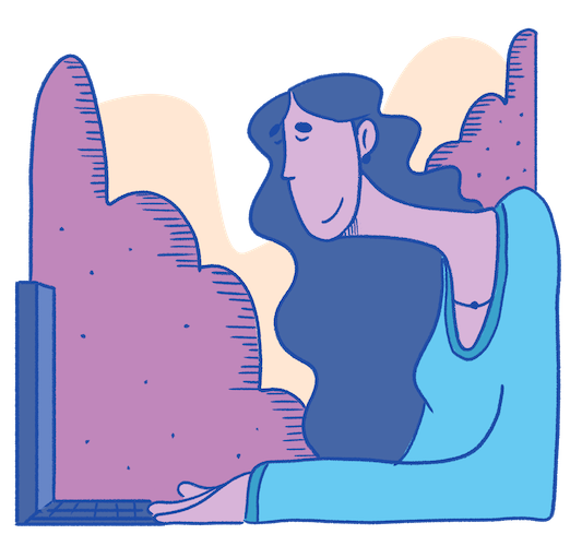 A cartoon illustration of a woman looking at a laptop screen with a thoughtful expression.