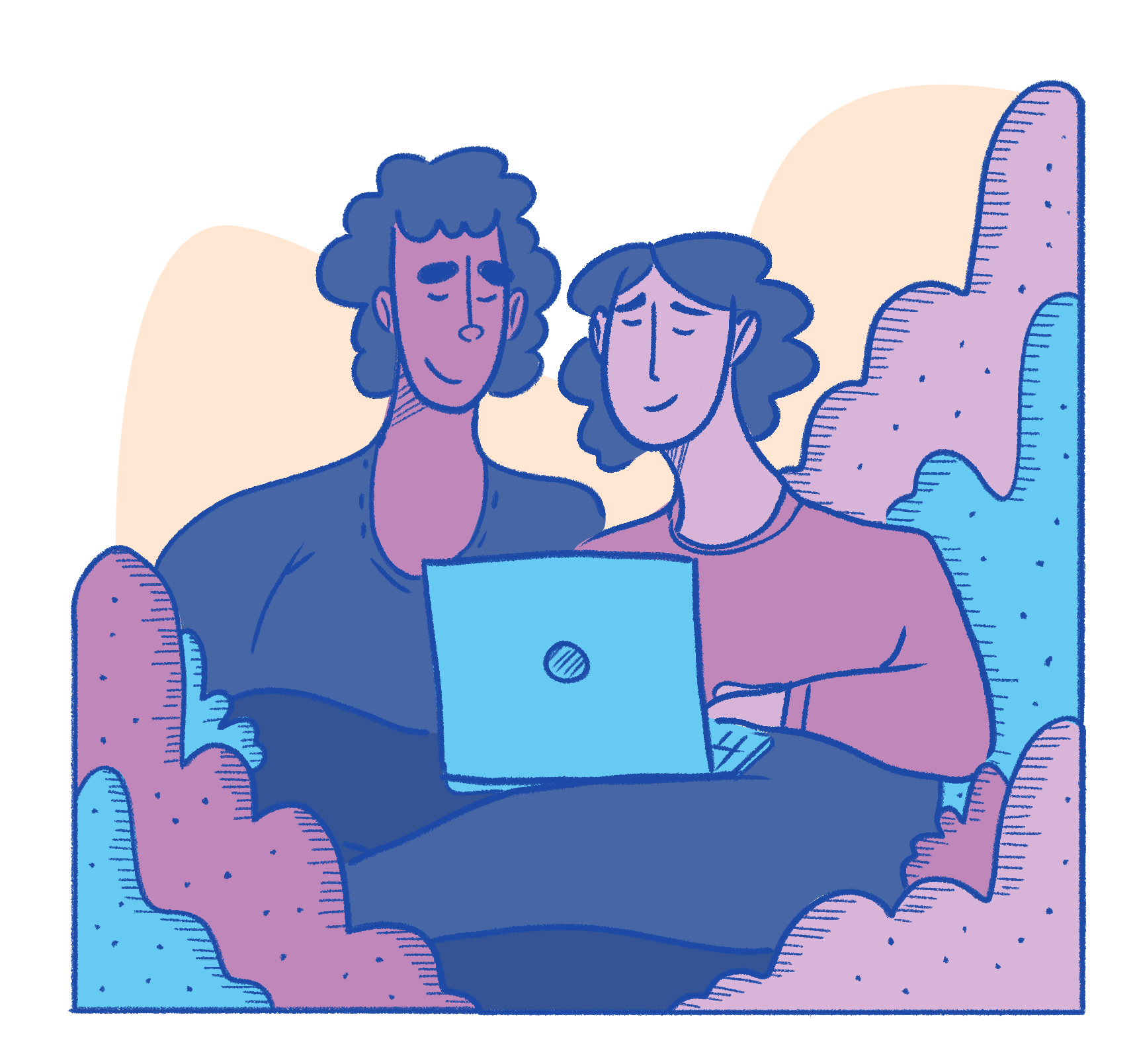 Two women sitting on a pink and purple armchair, close together, looking at a laptop screen, with a beige background.