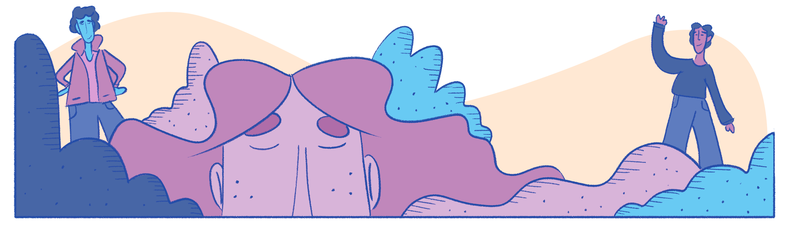 Two people stand on opposite sides of a large, colorful cartoon-like cloud formation with purple and pink hues. One person is on the left, with hands on hips, and the other on the right, waving. The scene has a playful, whimsical style with a simple background.