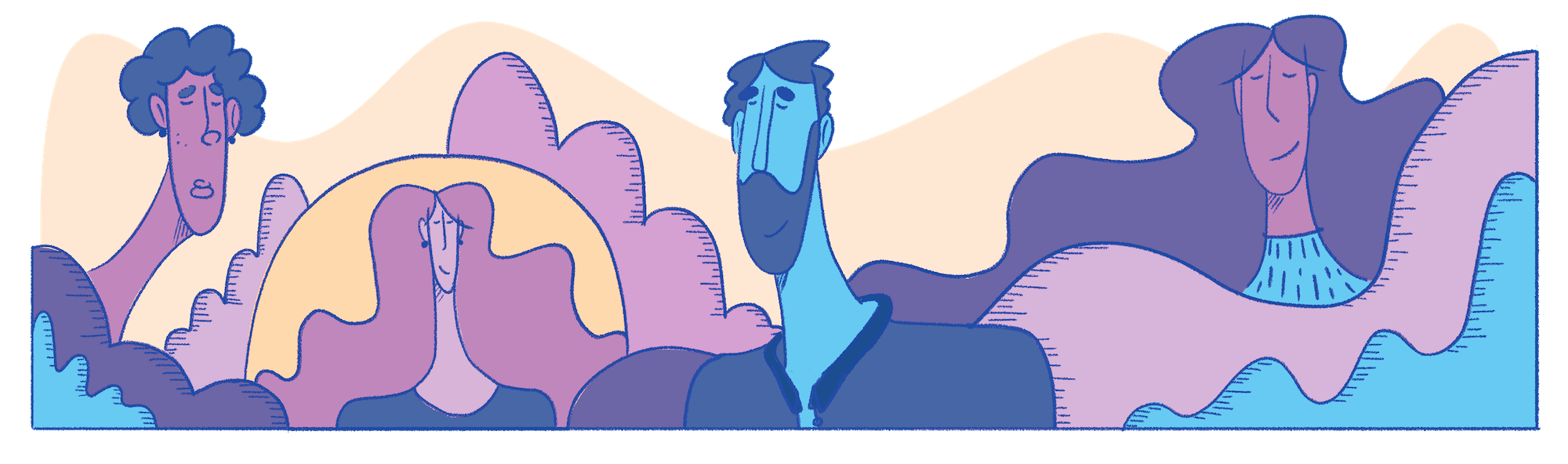 Illustration featuring several people in a landscape of clouds with a sun in the background, using pastel colors and a simplistic style.