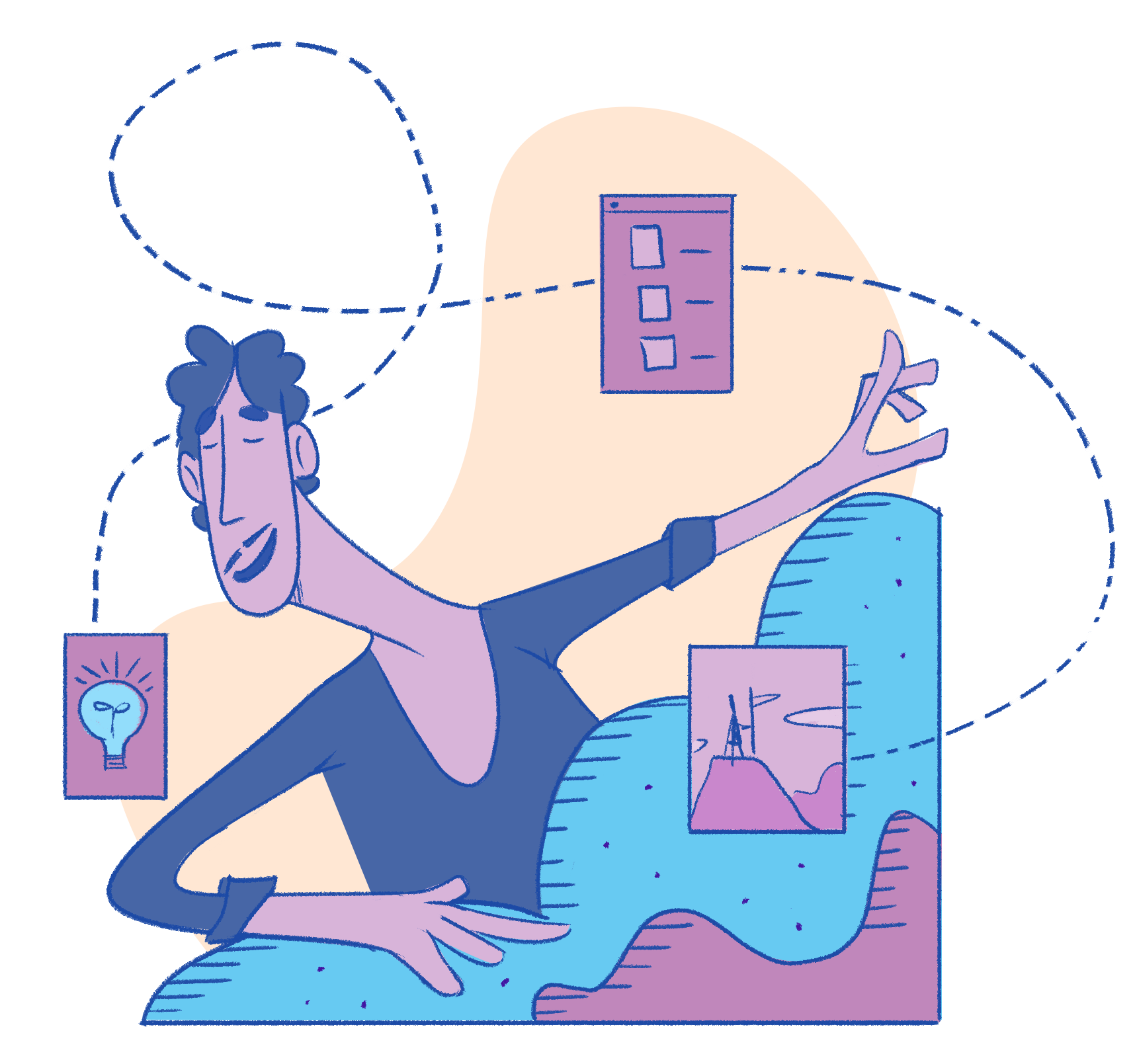 An abstract illustration of two people engaging in a conversation with various icons and images around them, including a lightbulb and plant, depicted with simple lines and muted colors.