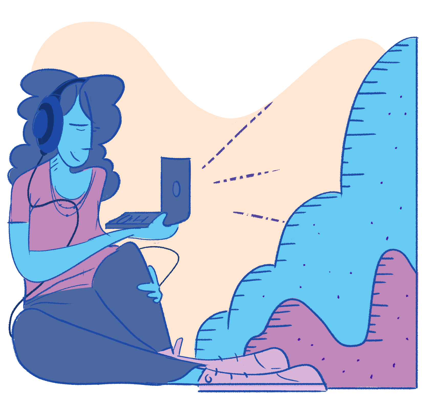 Cartoon illustration of a person with curly blue hair wearing headphones, using a laptop, sitting on a purple armchair, with a large measuring tape or ruler in the background.