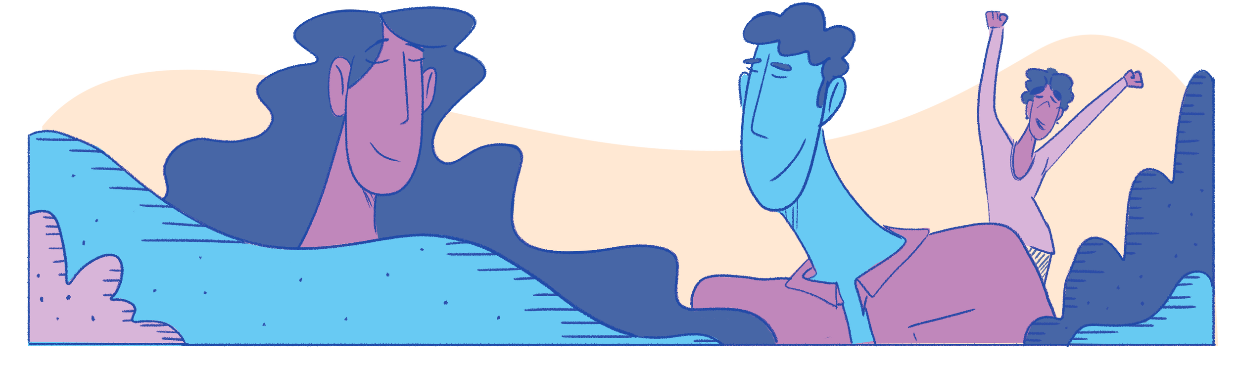 Illustration of a woman waking up in bed with a smile, and a man about to wake up with a joyful expression and raised arm, both in pastel colors.