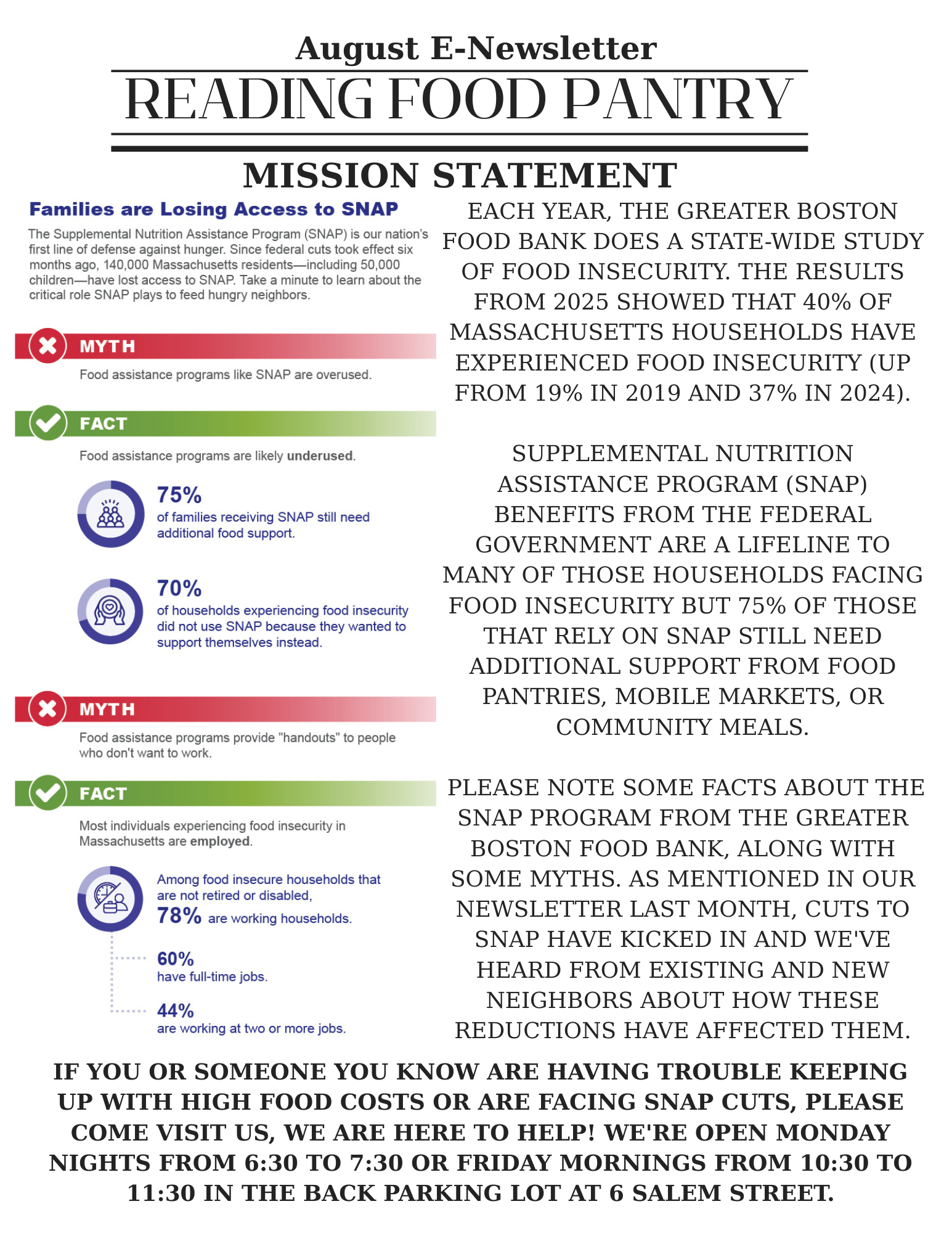 September is Hunger Action Month! Please read our Mission Statement from our August E-Newsletter regarding the Greater Boston Food Bank’s study on food insecurity.