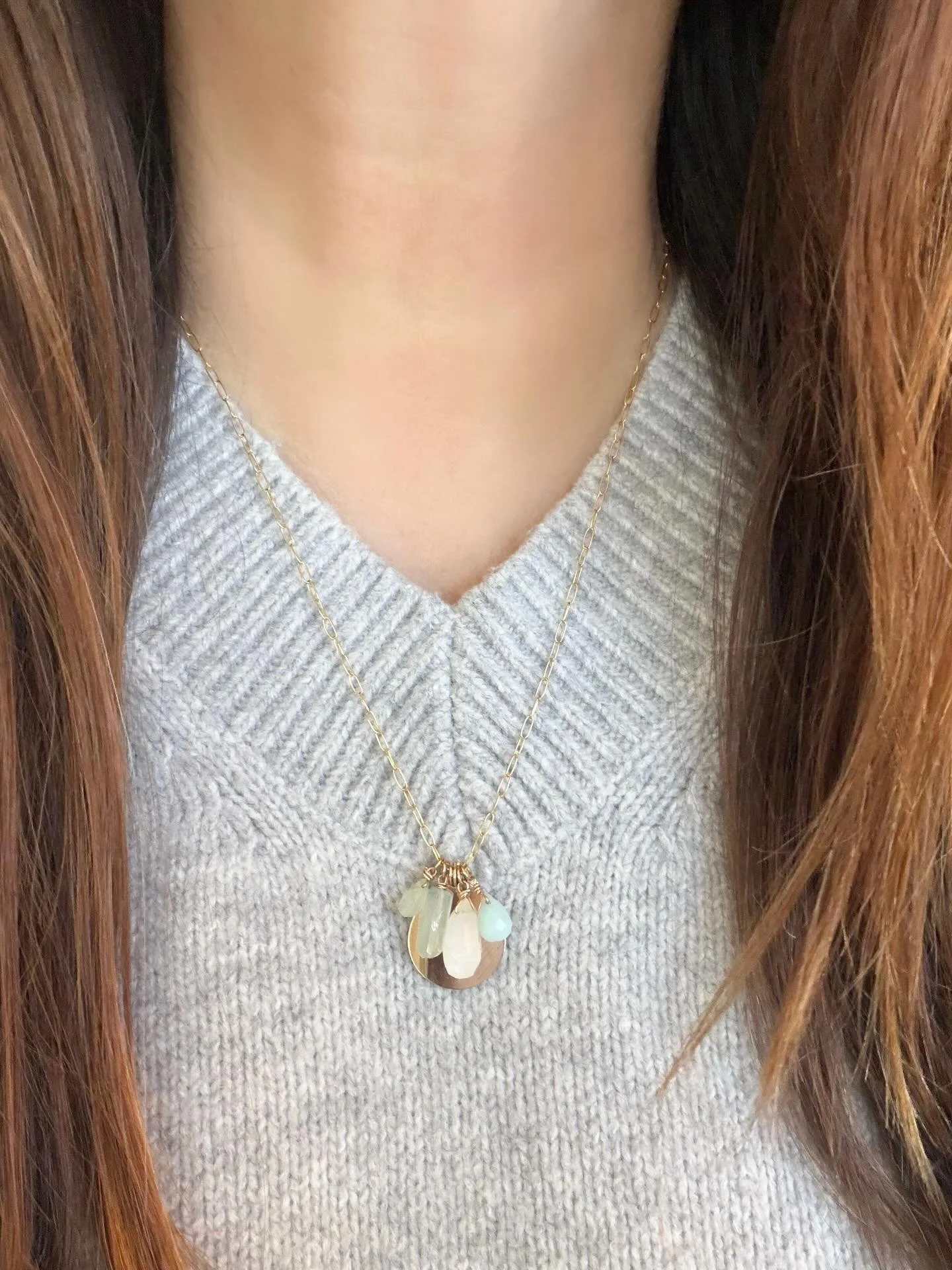 Seem precious and gold filled charm neck Aquamarine, Moonstone, Amazonite and Prehnite ❤️💎 #charmnecklace #layerednecklaces #handmadejewelry #shoplocal #semipreciouscharms
