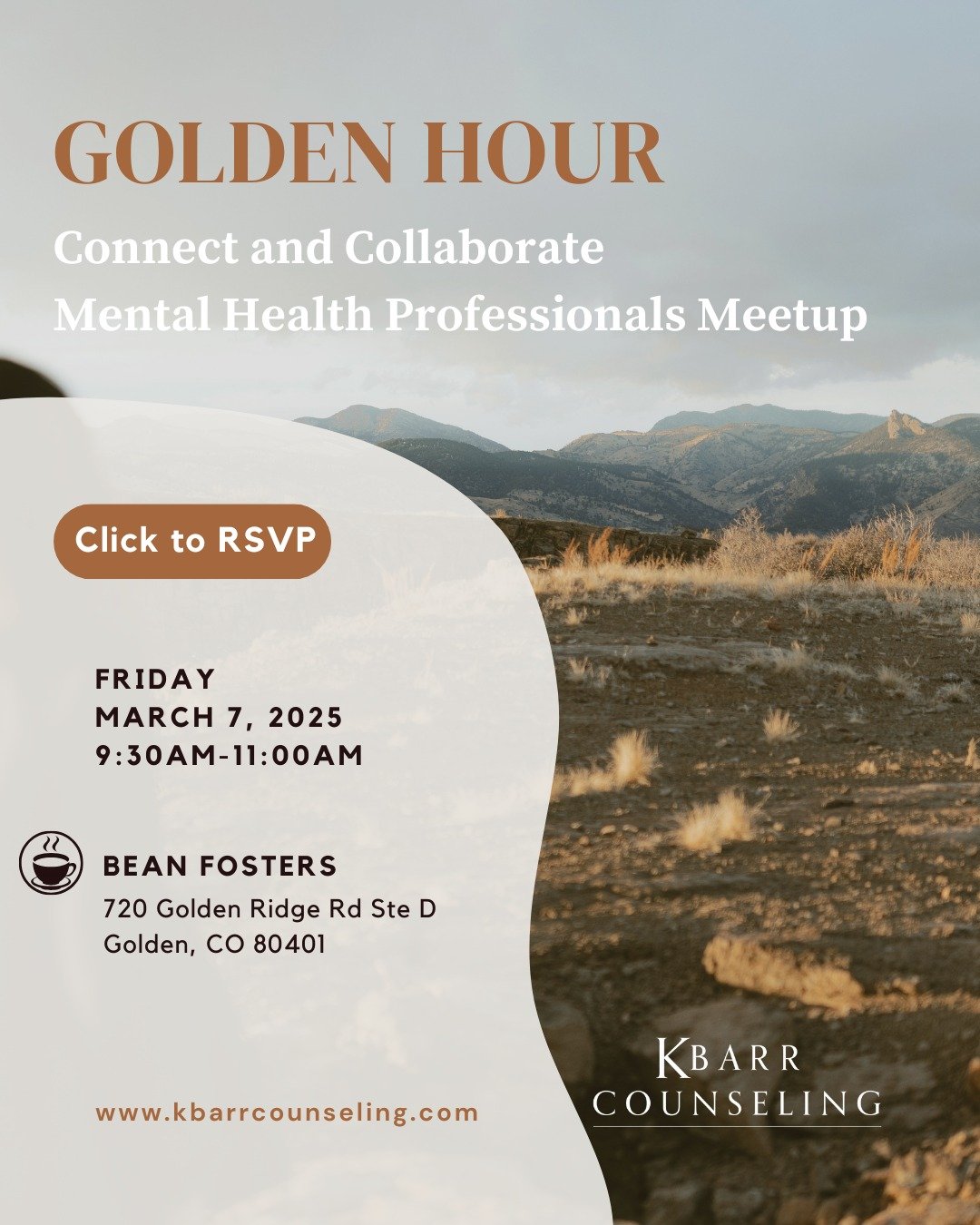 🌅 Golden Hour: Connect &amp; Collaborate 🌿✨

Mental health professionals&mdash;let&rsquo;s come together for an morning of meaningful connection, idea-sharing, and community! Whether you&rsquo;re looking to network, collaborate, or just enjoy good 