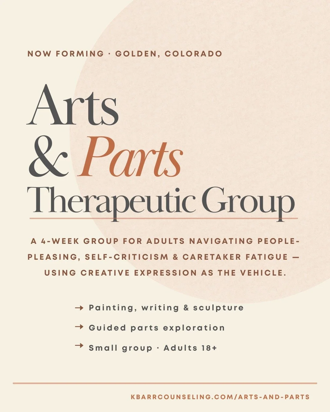 Something I've been quietly excited about &mdash;

This June, my practice is running a group I wish existed a long time ago.
It's called Arts &amp; Parts. Four weeks. Small group. Wednesdays in Golden.

It's for the people who give a lot &mdash; to e