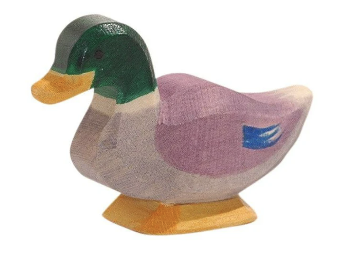 Wooden duck toy with green head, yellow beak, and purple body.