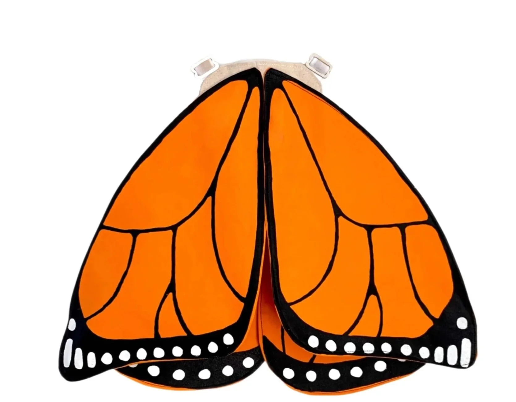 Butterfly wing backpack with orange and black design resembling monarch wings.