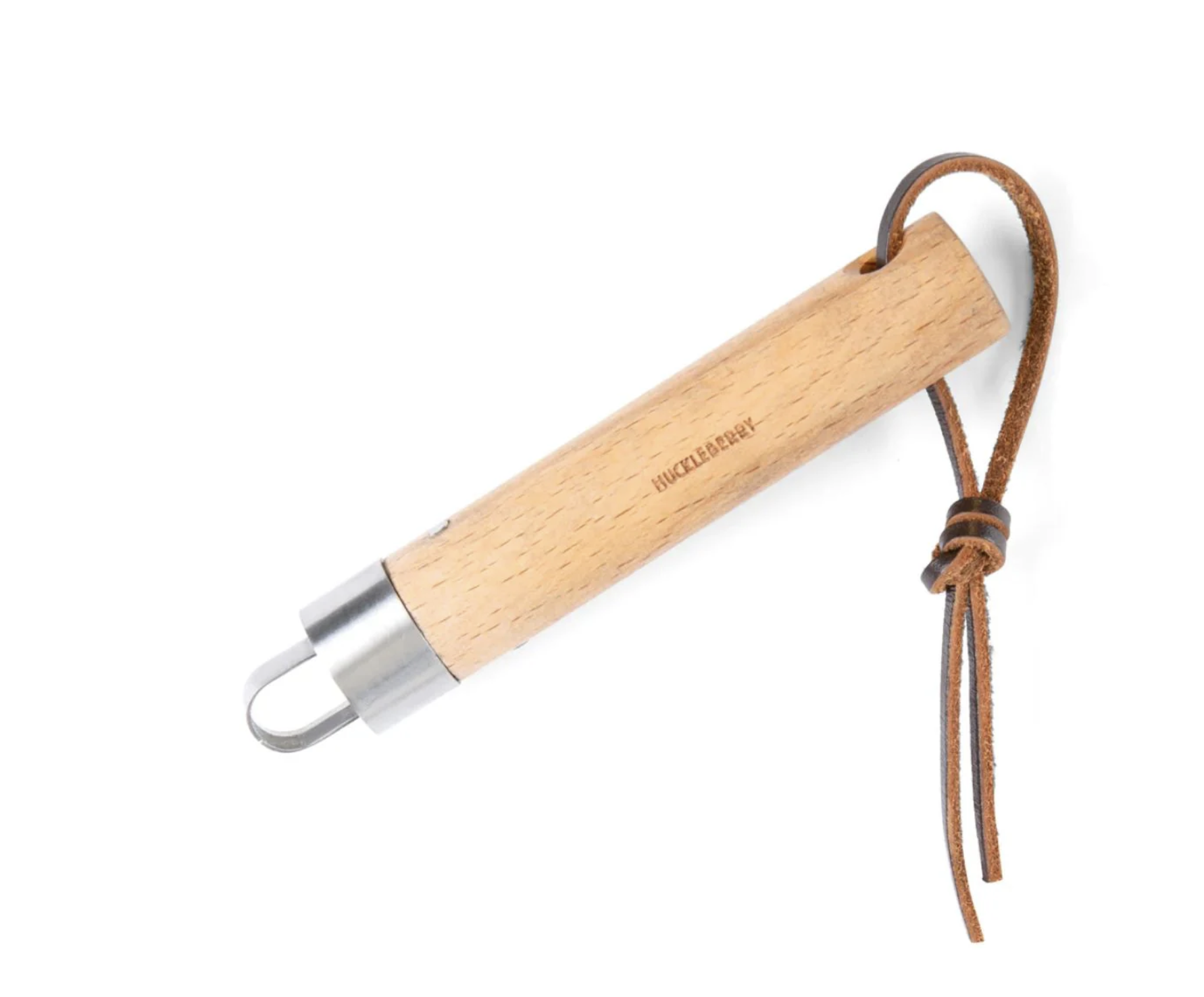 Wooden fire starter with leather strap and metal striker.