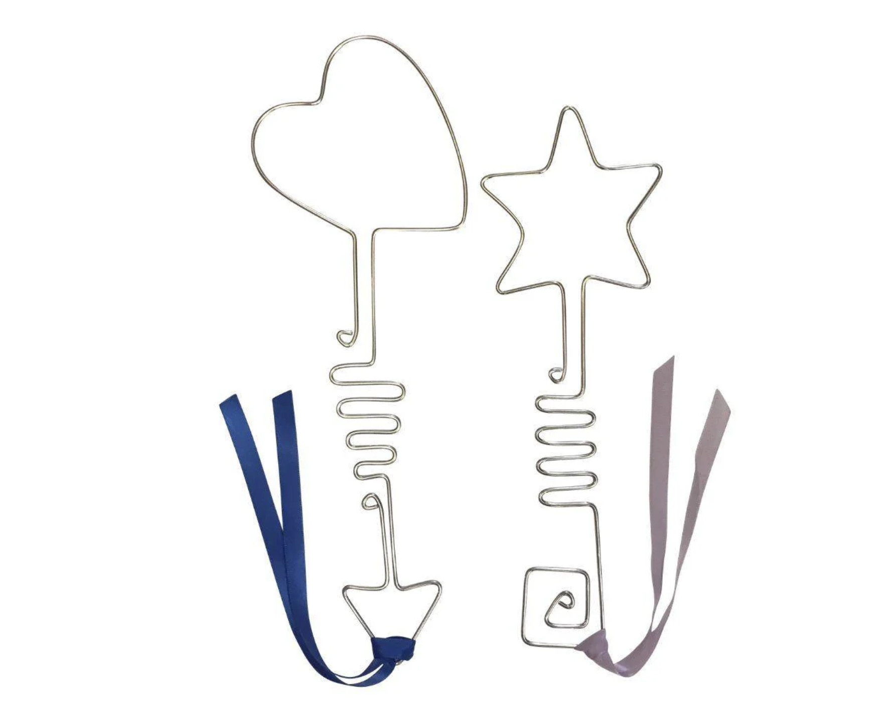 Two decorative wire keys, one with a heart shape and blue ribbon, and the other with a star shape and purple ribbon.