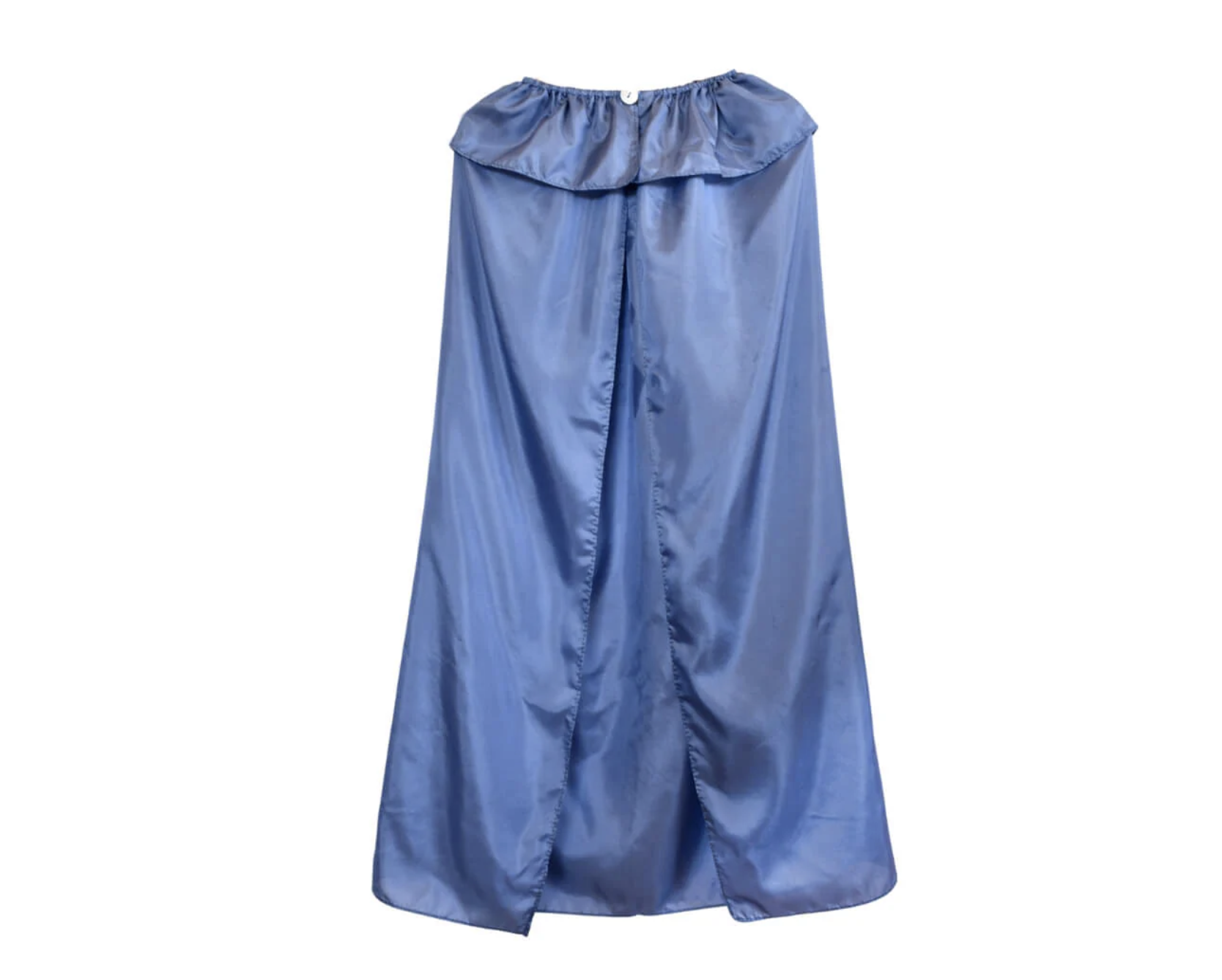 Blue satin gathered skirt with an elastic waistband, hanging on a white background.