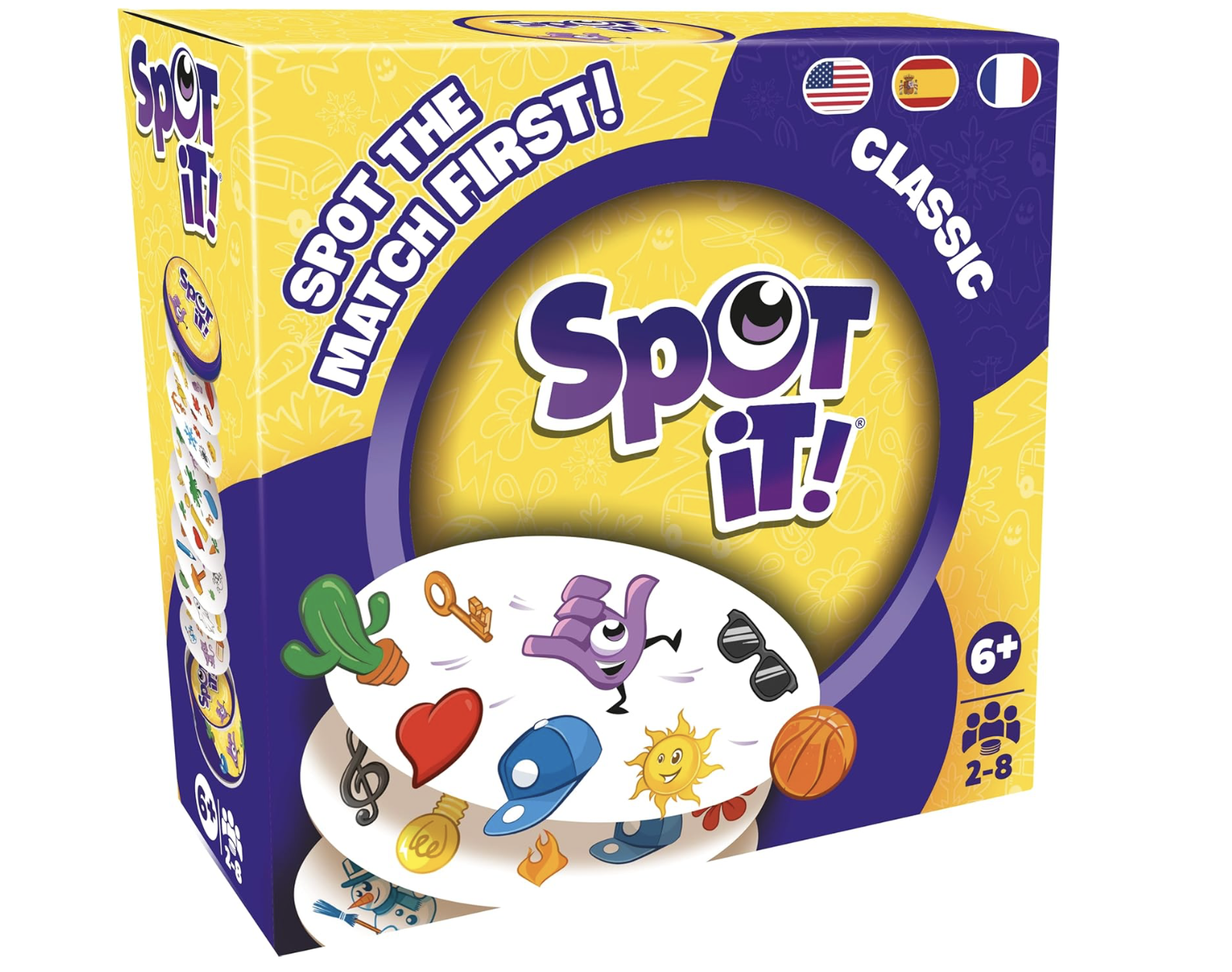 Box of the Spot it! Classic card game featuring symbols like a cactus, key, heart, baseball cap, and sun. Text reads "Spot the Match First!" Suitable for ages 6 and up, 2-8 players.