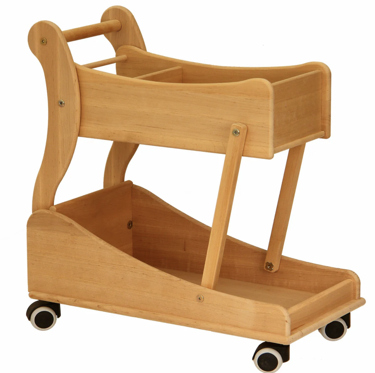 Wooden toy stroller with two tiers and wheels.