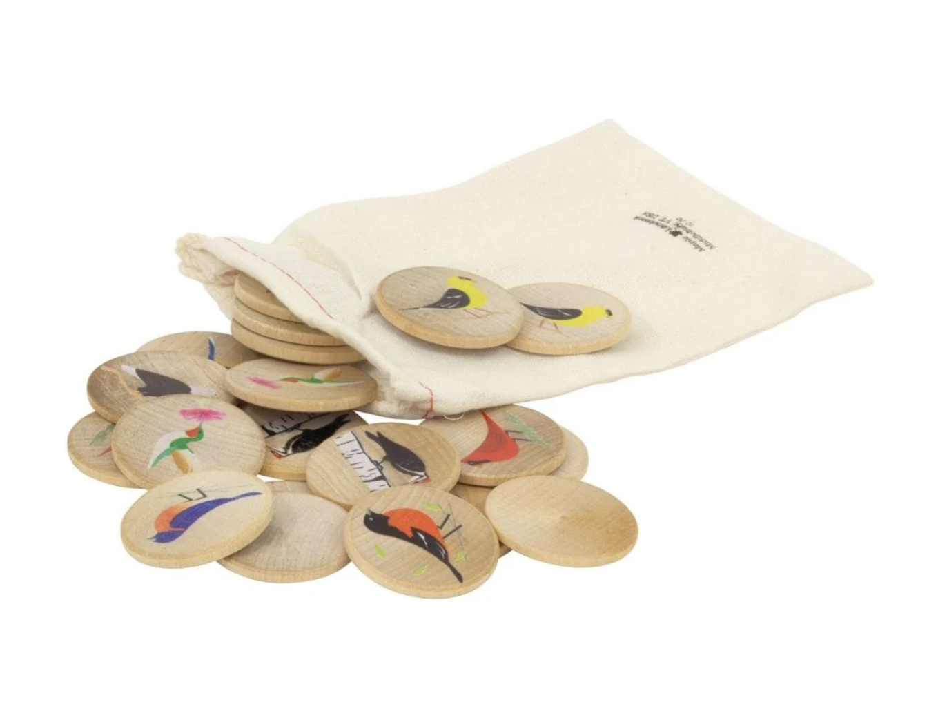 Wooden discs with bird illustrations, scattered from a canvas bag.