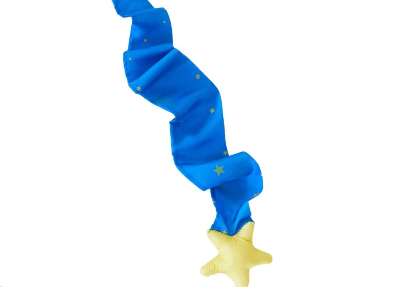 A gold star attached to a long, wavy blue ribbon with small yellow stars.