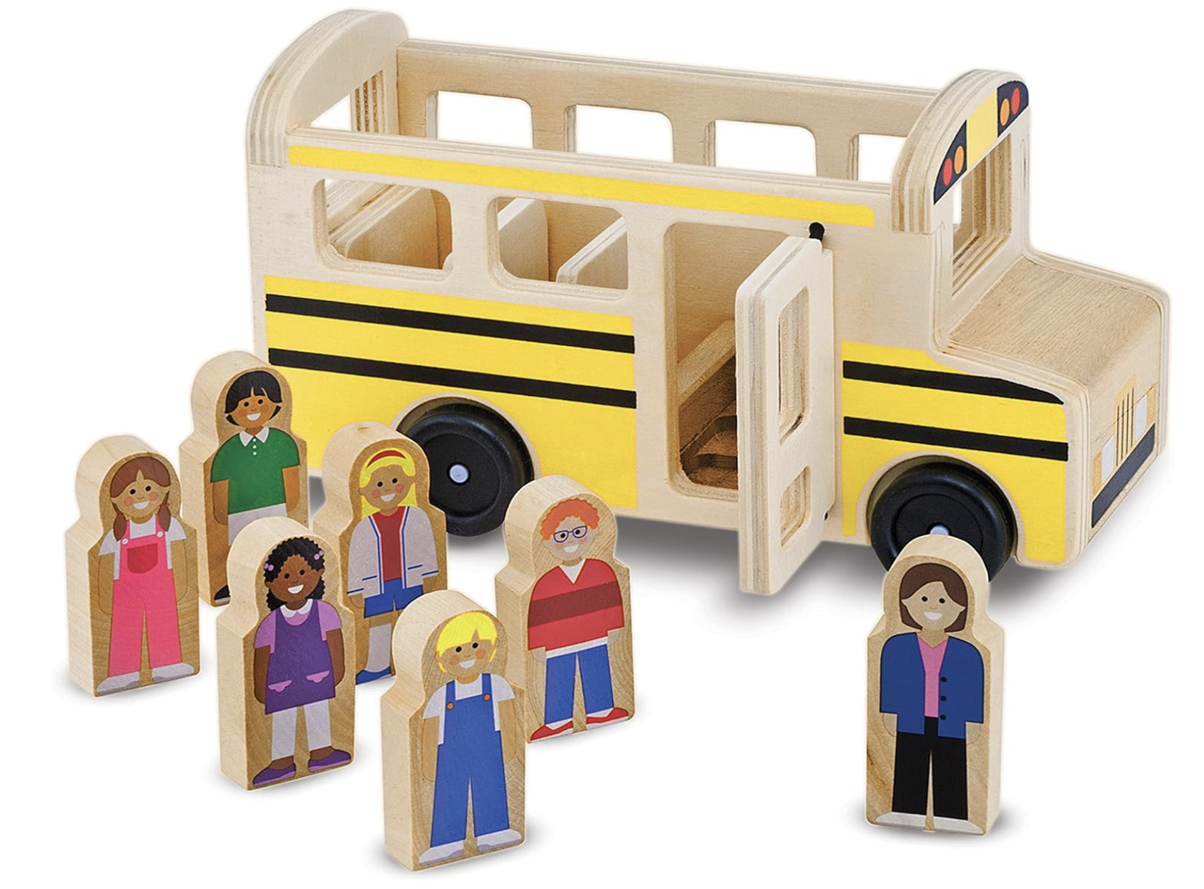 Wooden toy school bus with figures of children and an adult.