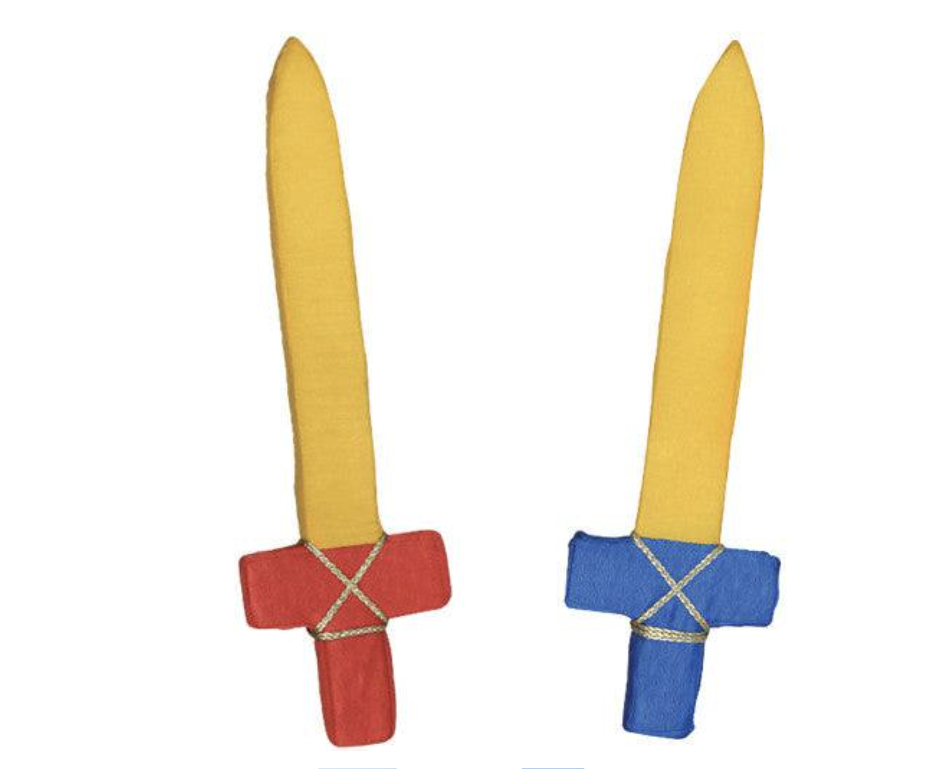 Two foam toy swords, one with a red hilt and one with a blue hilt and yellow blades.