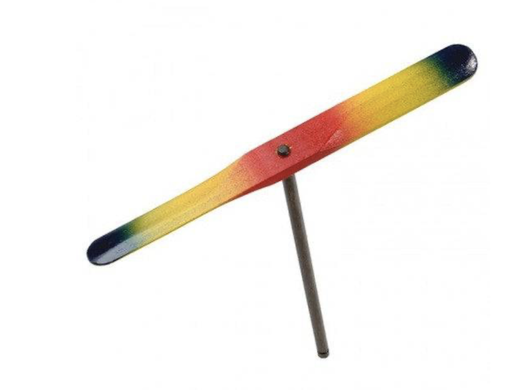 Hand twirl flying propeller toy with a rainbow-colored blade and a metal stick handle.