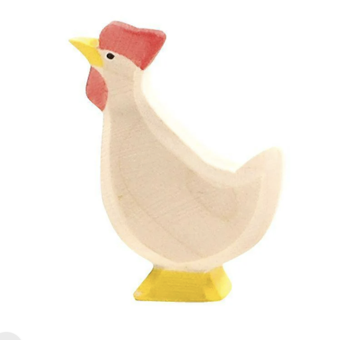 Wooden toy chicken with red comb and yellow beak on a white background.