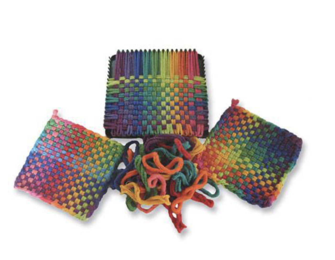 Colorful woven pot holders and yarn loops on a white background.