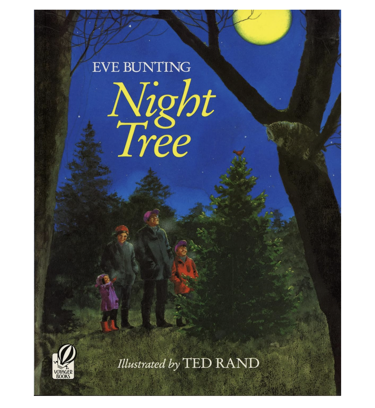 Cover illustration of the book 'Night Tree' by Eve Bunting, illustrated by Ted Rand, depicting a family in a forest at night around a tree with animals and a full moon.