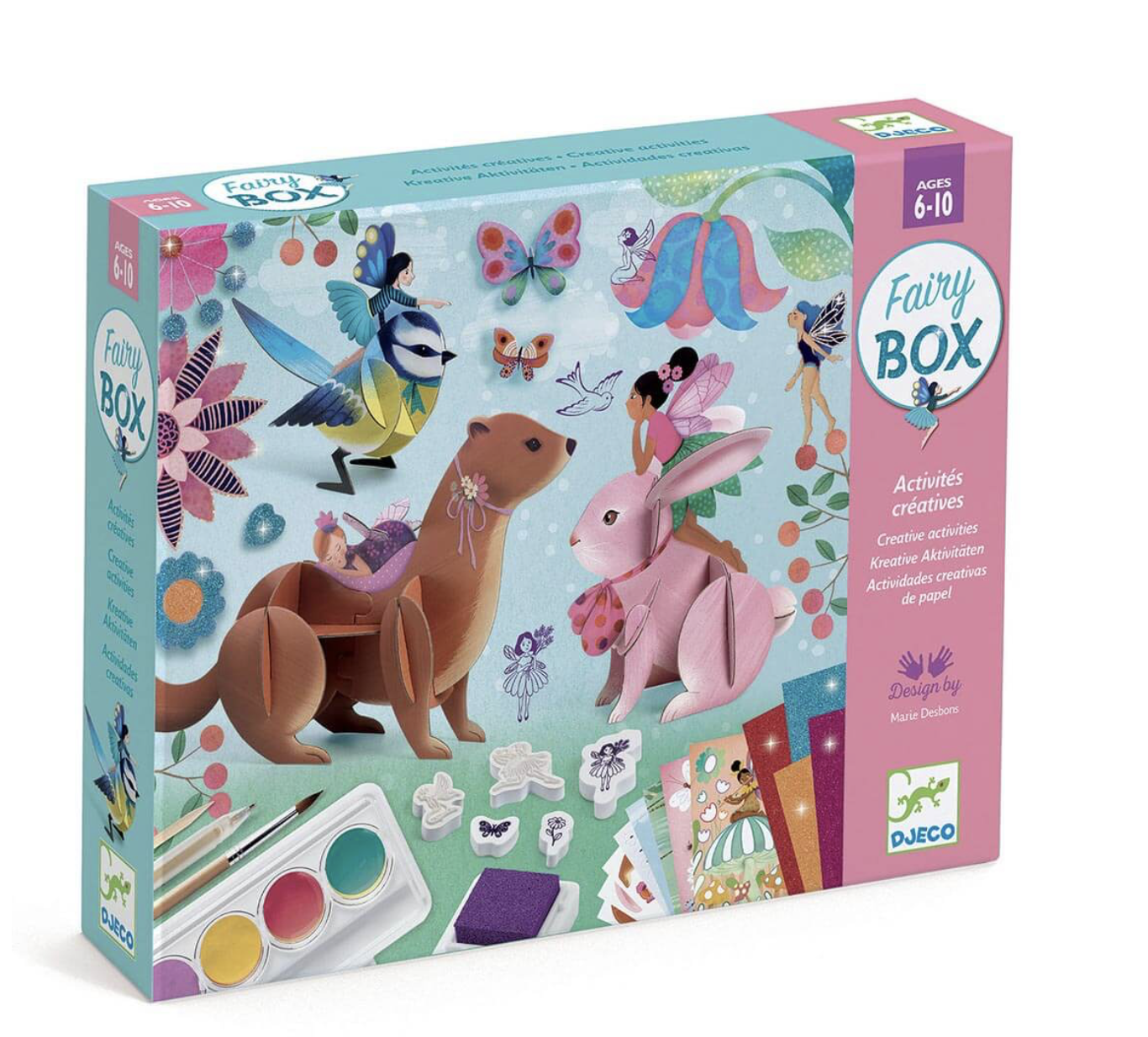Djeco Fairy Box creative activities set for ages 6-10, featuring paper crafts, watercolor paints, brushes, and fairy-themed designs including animals and flowers on the box cover.