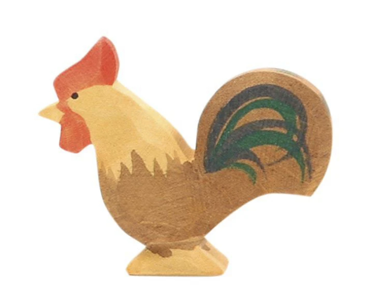 Wooden rooster figurine with red comb and painted tail details.