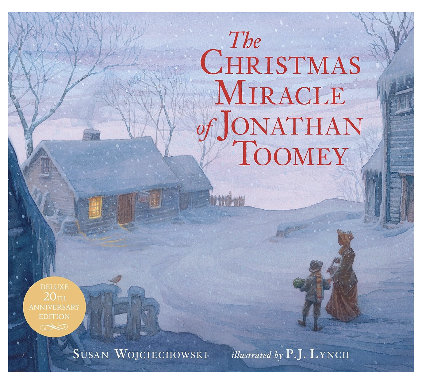 Book cover of "The Christmas Miracle of Jonathan Toomey" by Susan Wojciechowski, illustrated by P.J. Lynch. The scene shows a snowy village with a woman and a child walking. The book is a deluxe 20th anniversary edition.