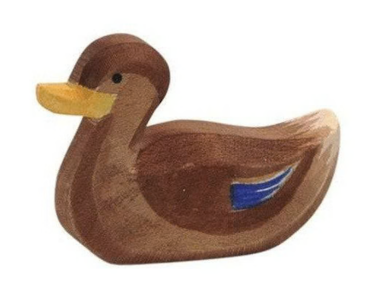Wooden duck toy with light brown body and blue wing detail