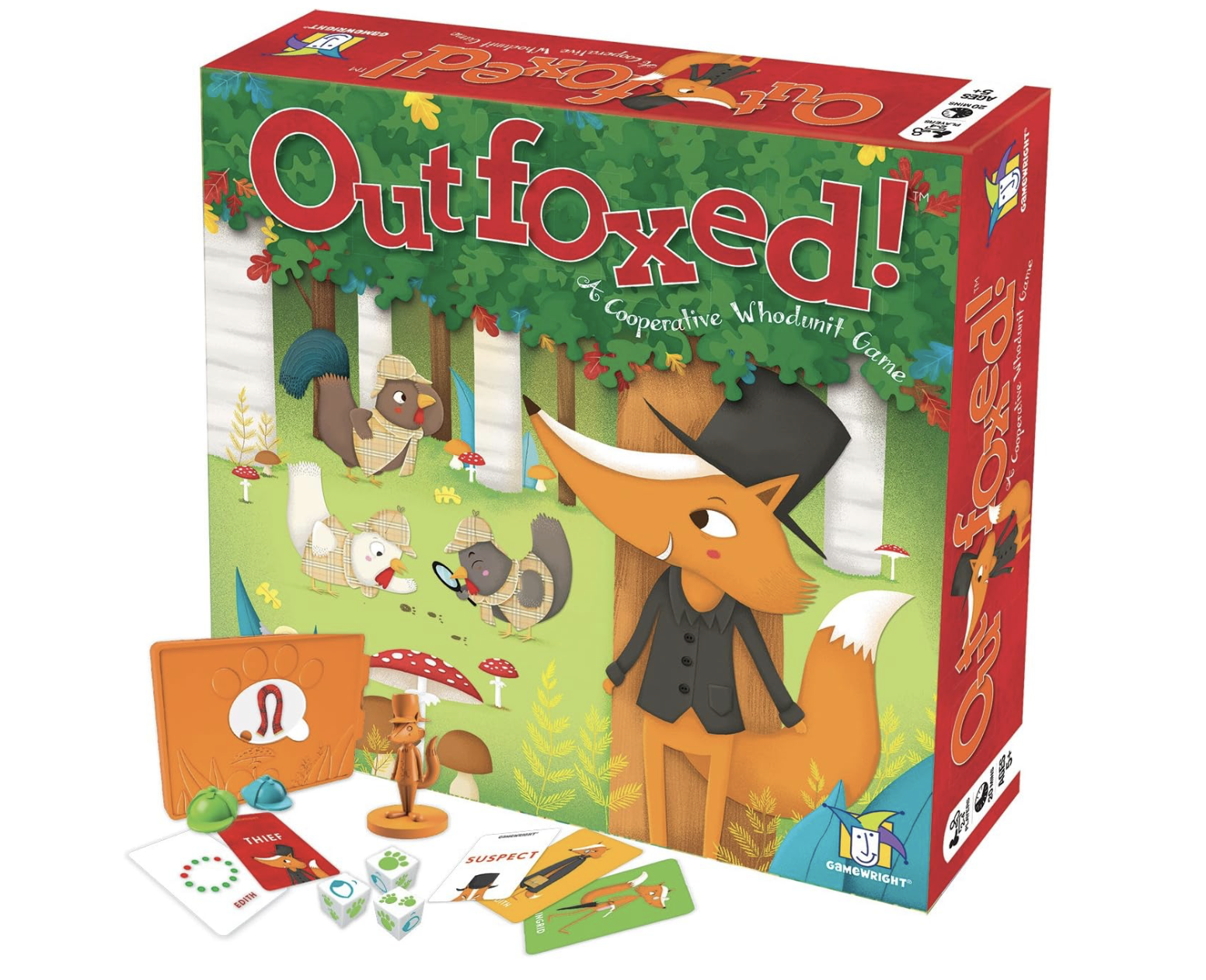 Outfoxed board game box with game components, including figurine, cards, dice, and tokens.